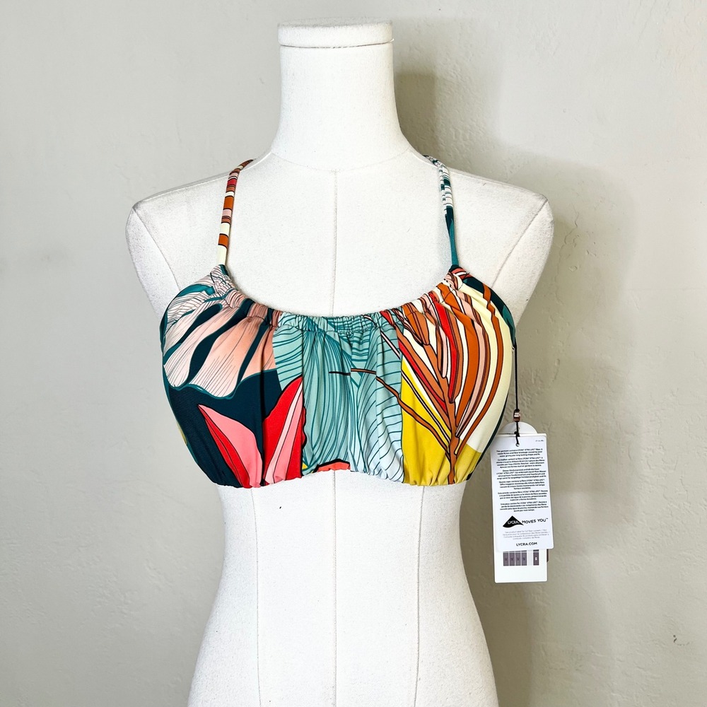 CALIA Bikini Top Scrunched Tie Back Womens Size S Botanical Print Sea Green New